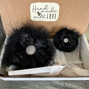 Black Feather and Satin Flower Brooch Set